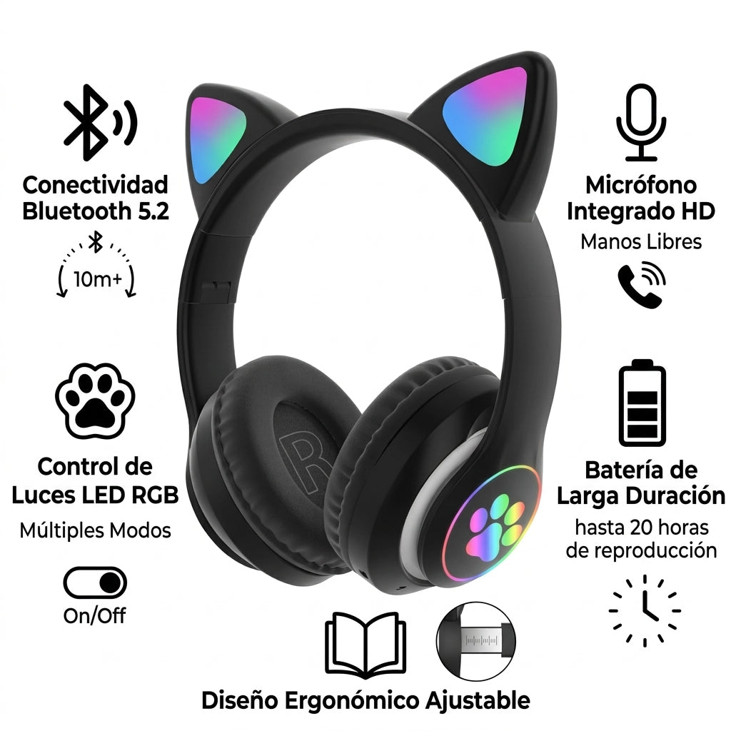 Diadema Orejas De Gato Bluetooth Microfono Y Luces