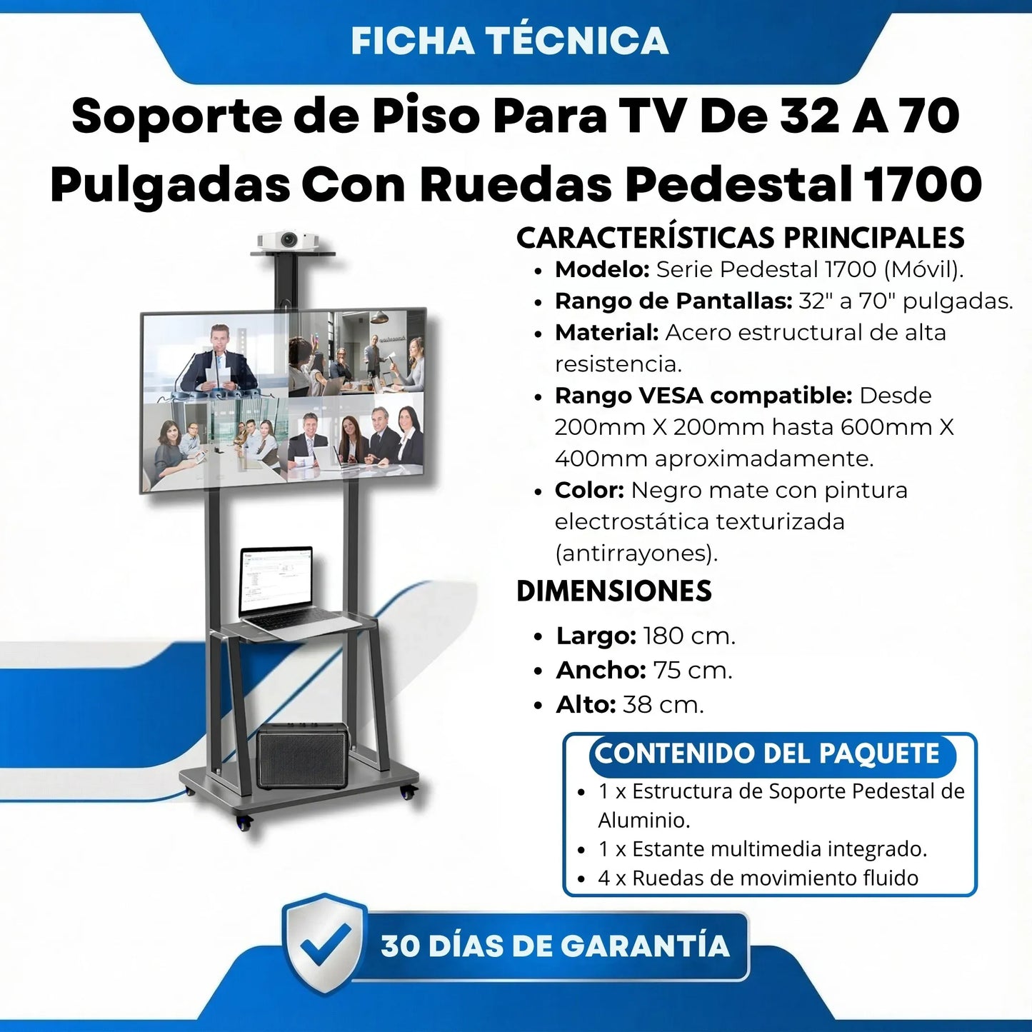 Soporte Base Pedestal Tv 32 70 Móvil Ruedas Ajustable 50k Color Negro