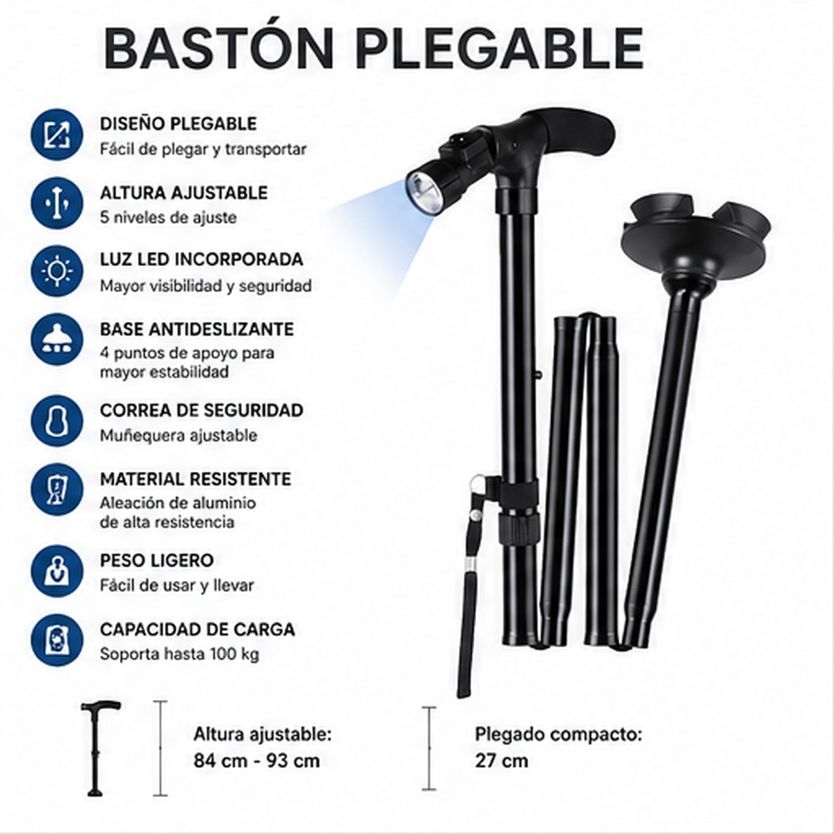 Bastón Plegable – Portátil, Ajustable Y Fácil De Transportar