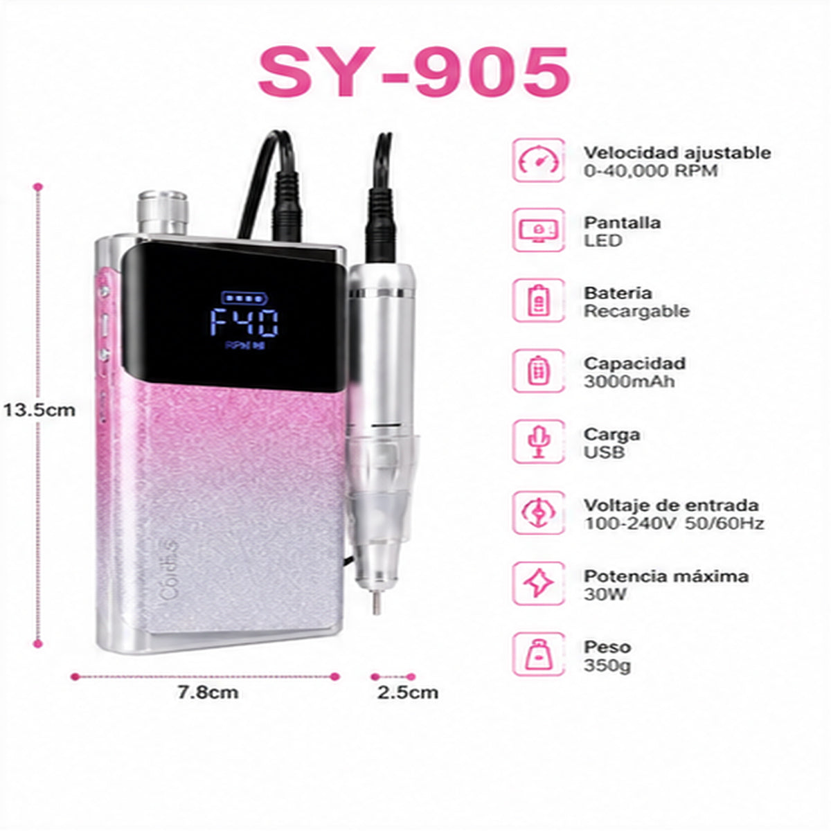 Pulidor Profesional Inalámbrico para Uñas SY905 – 40.000 RPM