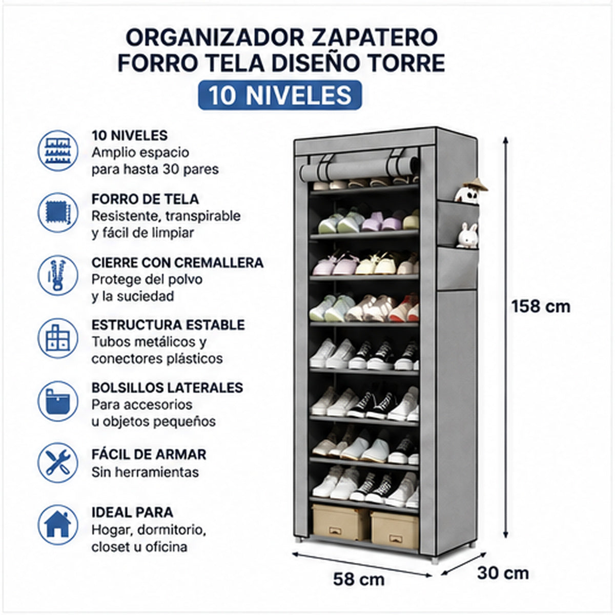 Organizador Zapatero Con Forro De Tela Torre 10 Niveles