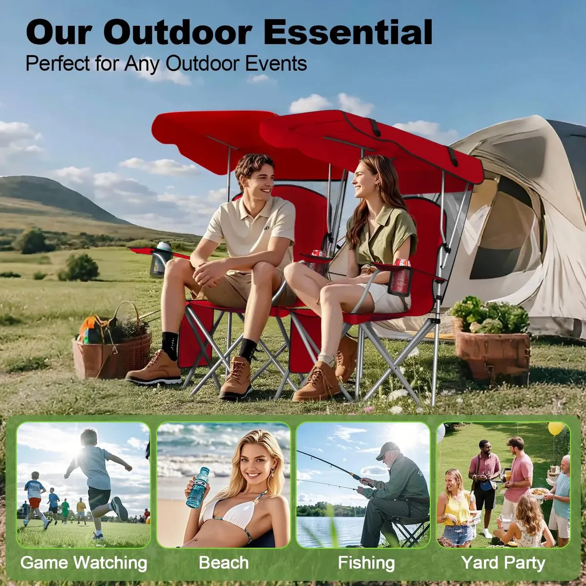 Silla De Camping Vtoy Plegable Con Toldo Oxford 600d Rojo