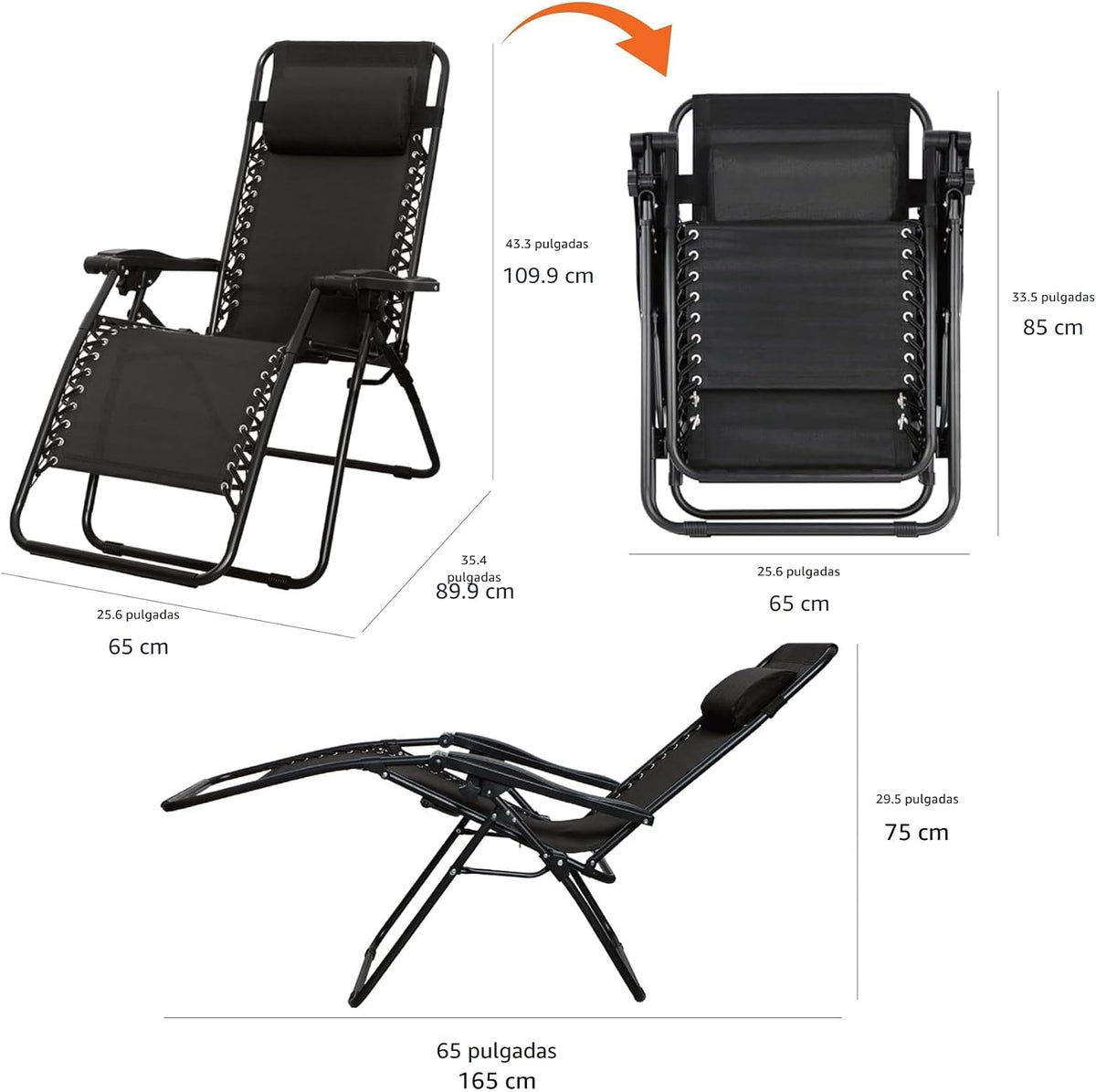 Sillón de gravedad cero para patio al aire libre con almohada, plegable reclinable y textileno ajustable, sillas de césped plegables para exteriores
