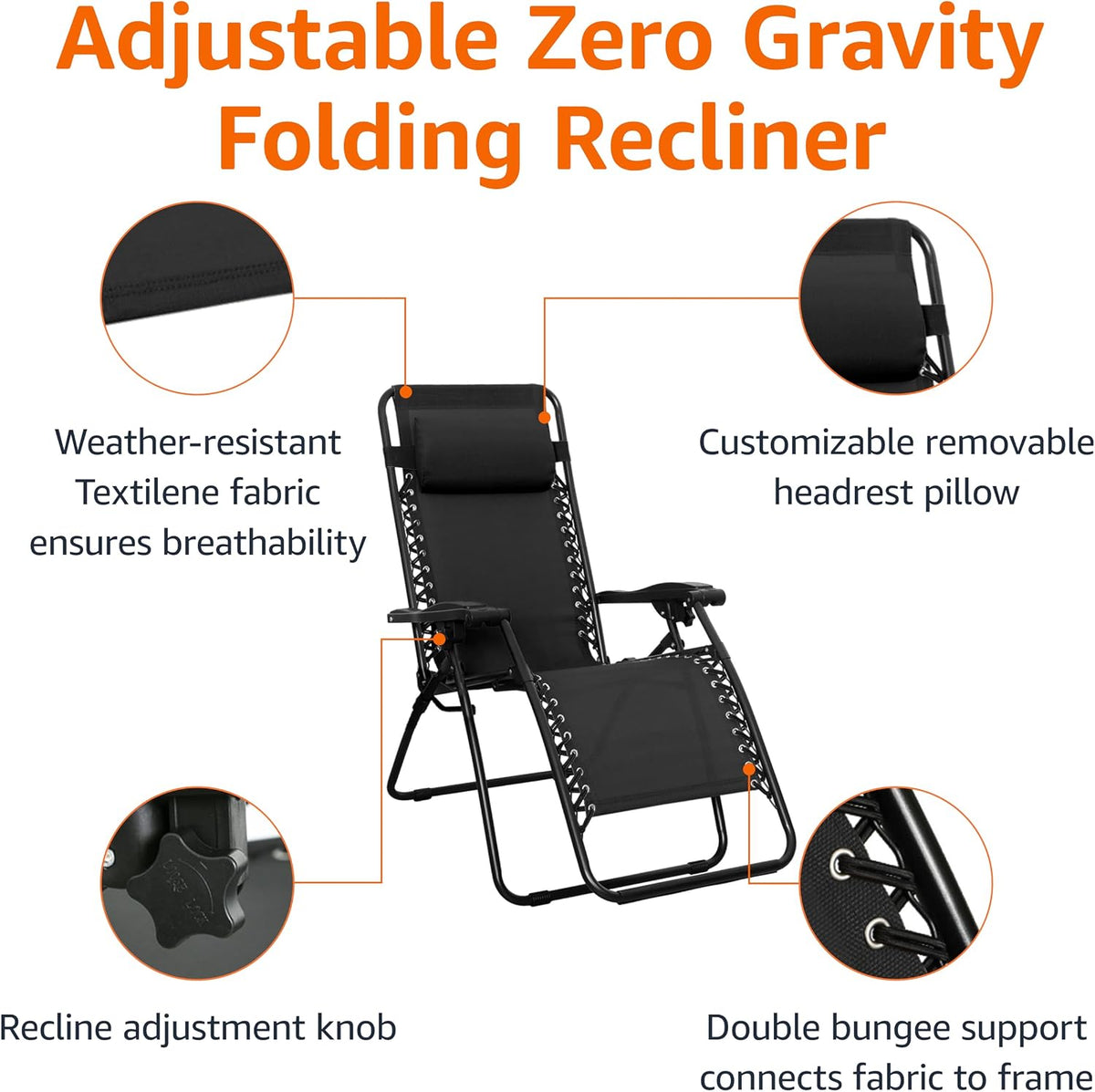 Sillón de gravedad cero para patio al aire libre con almohada, plegable reclinable y textileno ajustable, sillas de césped plegables para exteriores