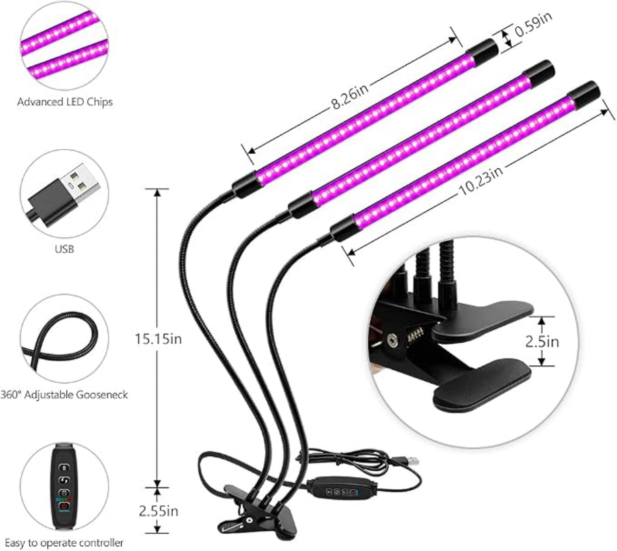 Luz Negra LED De Triple Cabezal, Luminaria De Luz UV De 20W Con Abrazadera, Lámpara De Cuello De Ganso