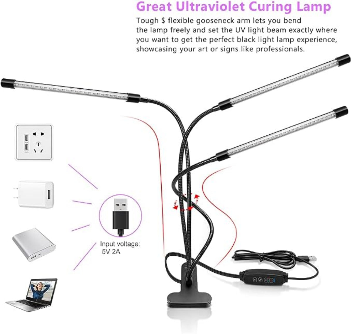 Luz Negra LED De Triple Cabezal, Luminaria De Luz UV De 20W Con Abrazadera, Lámpara De Cuello De Ganso