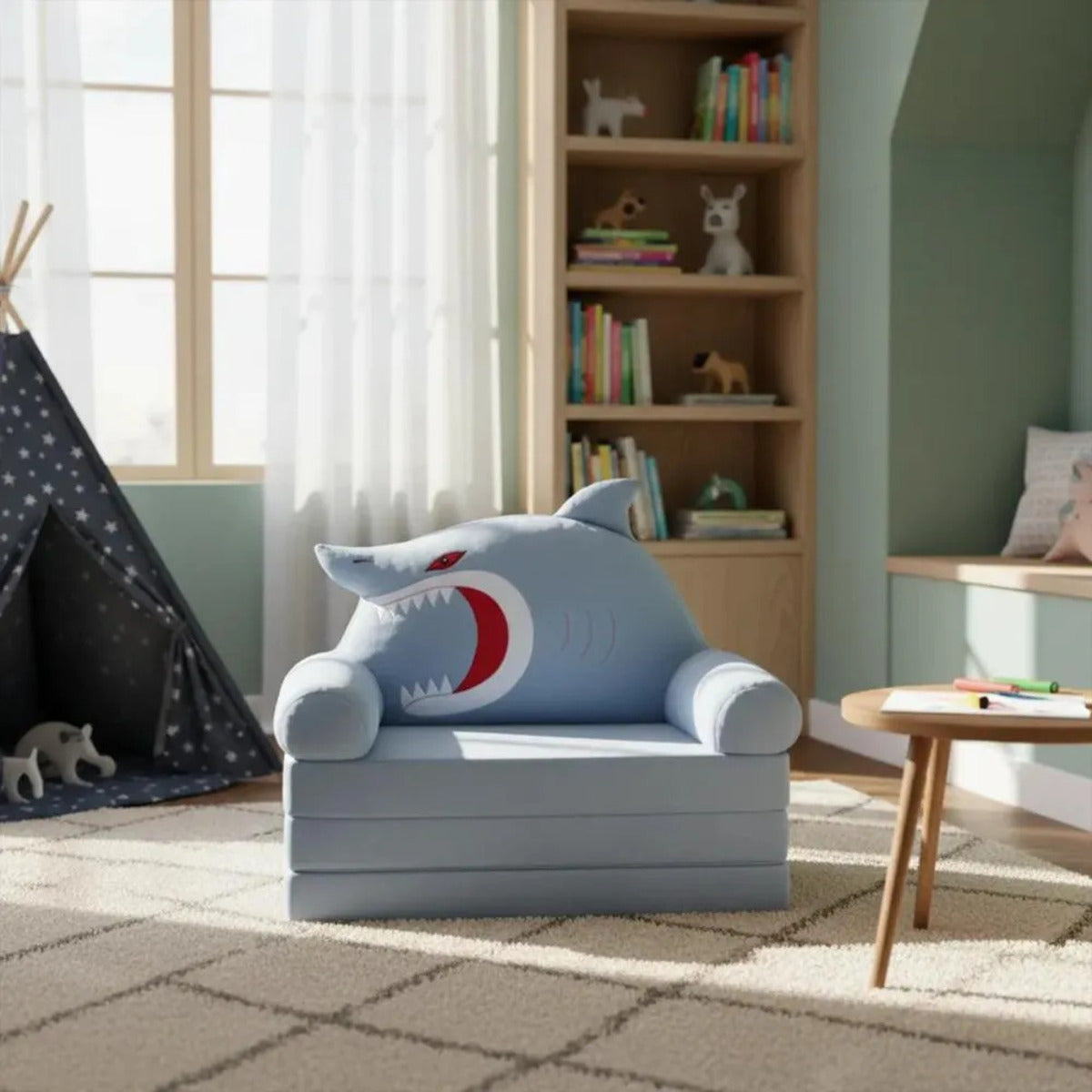Sofá Cama Plegable Sillón para Niños Tiburón – Diseño Infantil Convertible