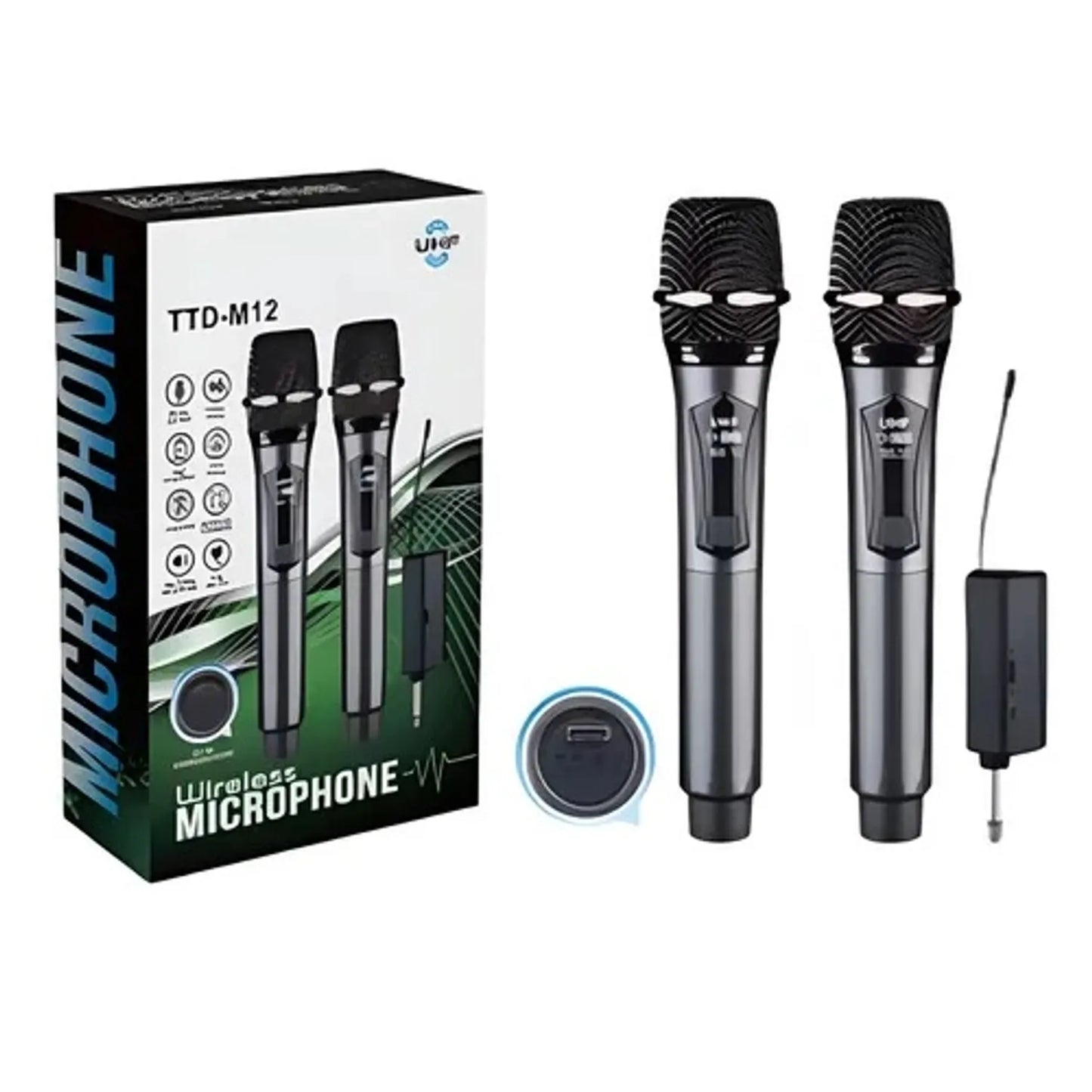 Micrófono Inalámbrico Doble M12 Profesional Recargable | Receptor USB, Karaoke y Eventos